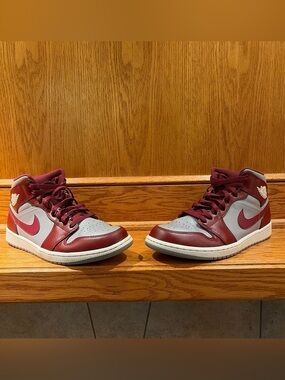 Size 10 Jordan 1 Mid Men's Mid-Top Sneakers - Grey and Burgandy